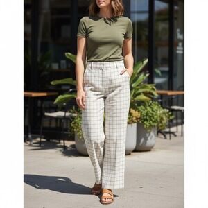 Vintage 70s Plaid Wide Leg Cropped Pants Womens 36 Inch Waist Beige Metropolitan